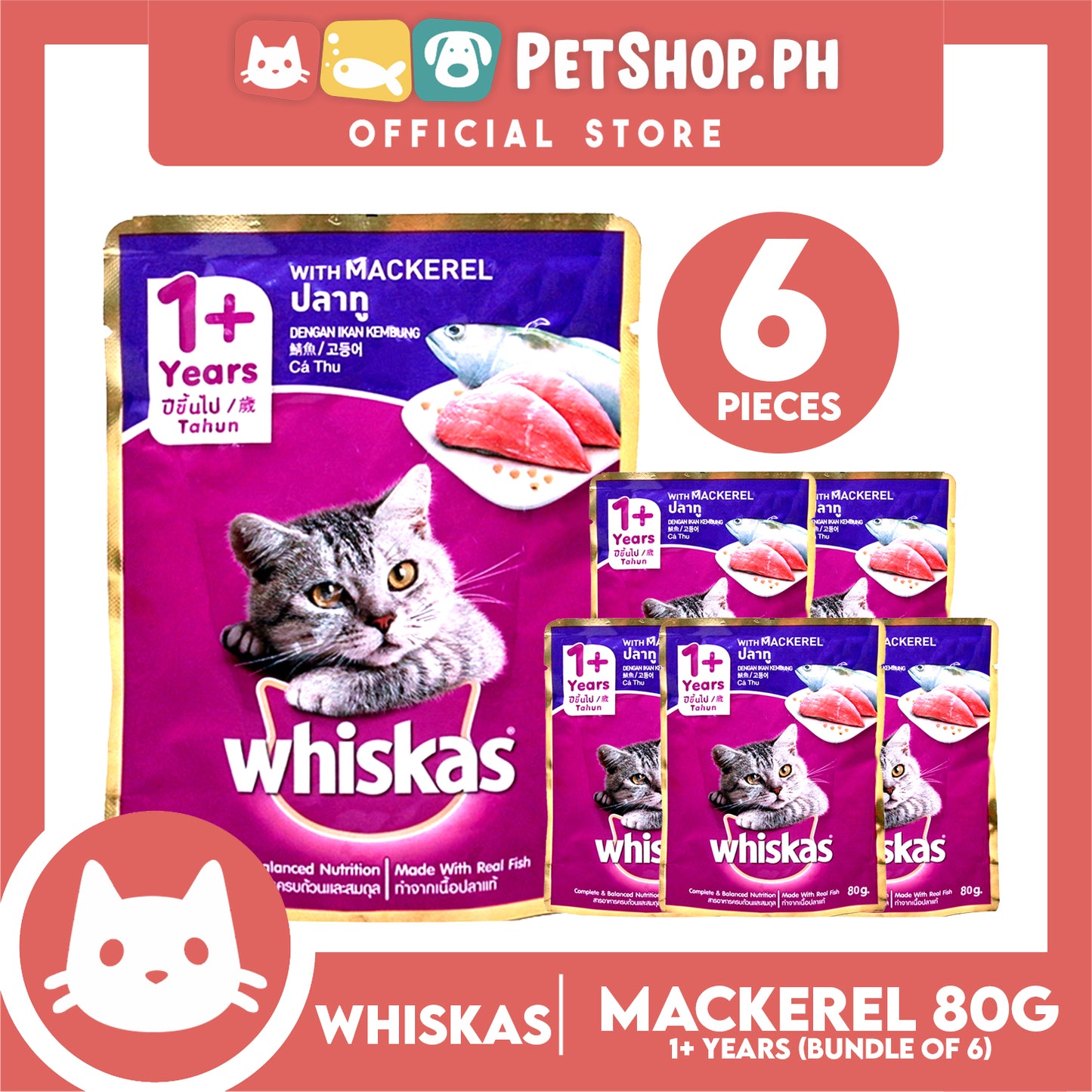 6pcs Whiskas Mackerel Flavor Pouch Wet Cat Food 80g