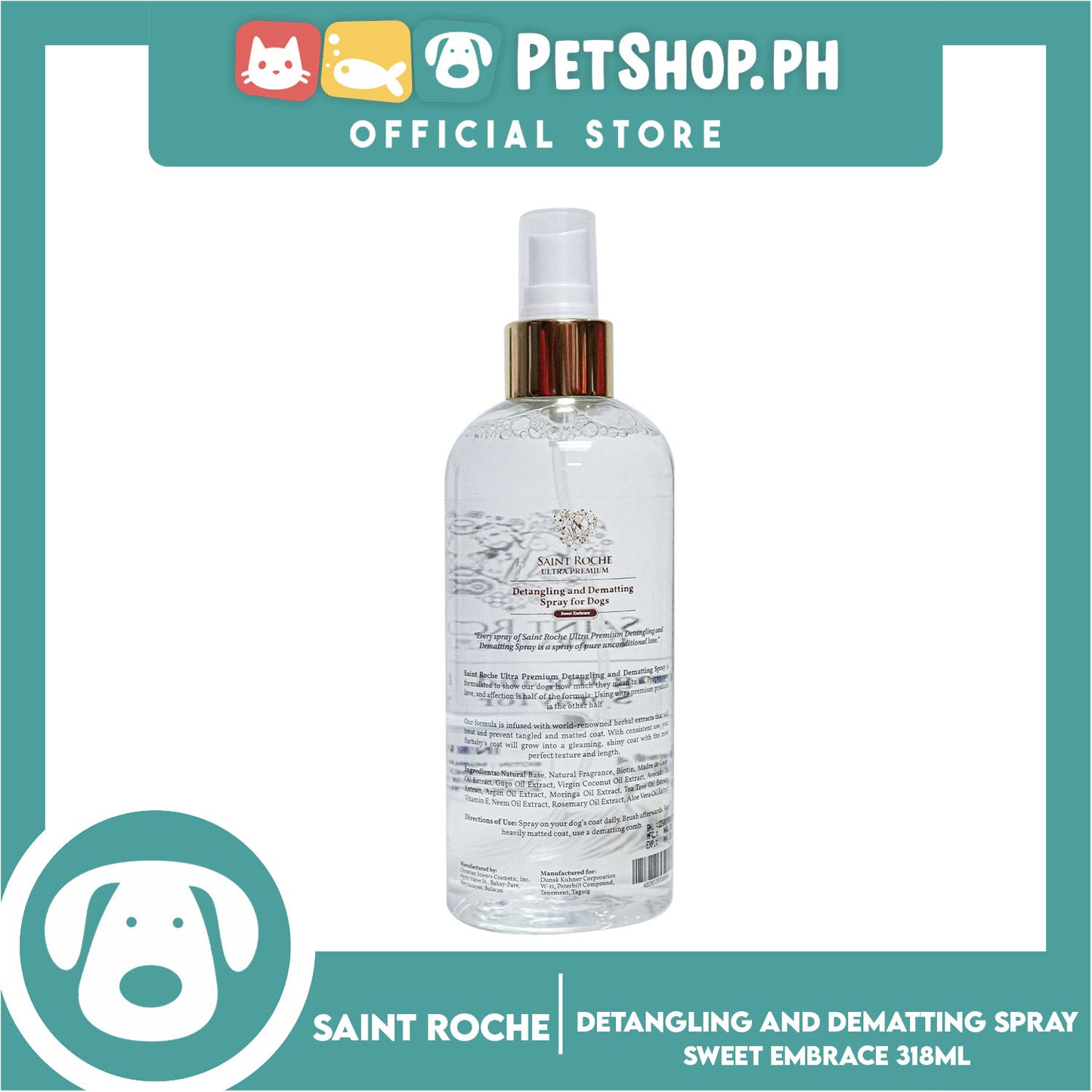 Saint Roche Ultra Premium Detangling and Dematting Spray for Dogs 318ml (Sweet Embrace) Dogs Fur and Coat