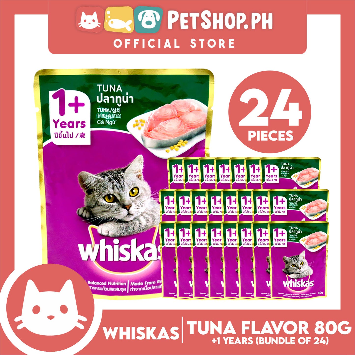 24pcs Whiskas Tuna Pouch Wet Cat Food 80g Tuna Flavour