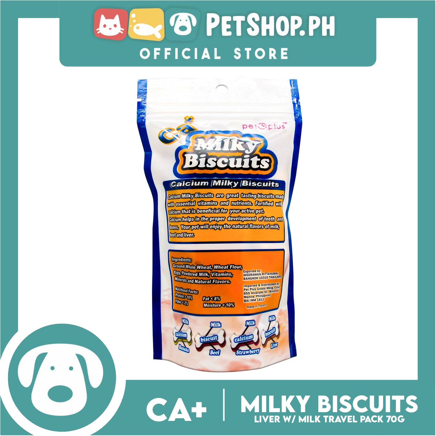 Pet Plus Calcium Milky Biscuit 70g (Liver and Milk Flavor) For Dogs Strong Bones and Teeth