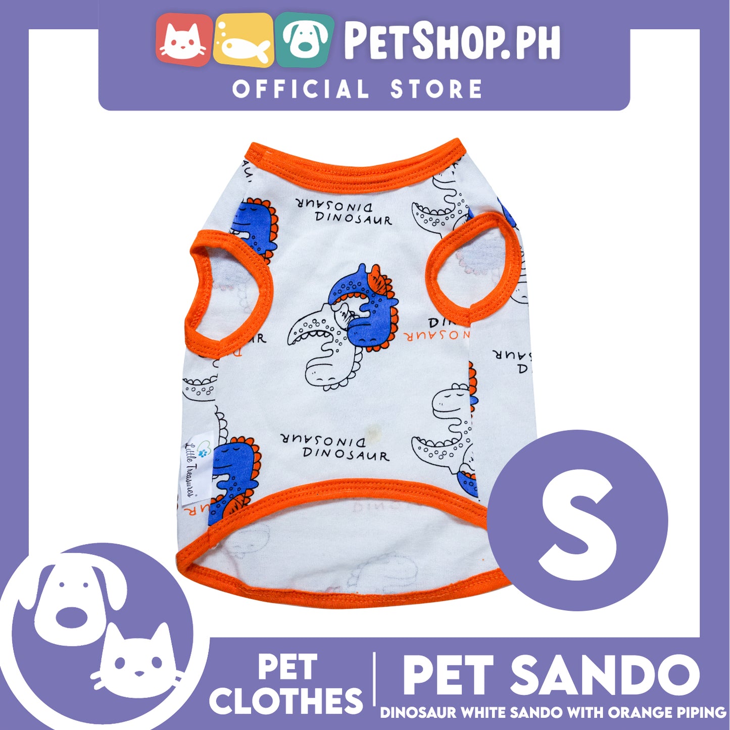 Pet Sando Dinosaur White with Orange Piping Sando (Small) Perfect Fit for Dogs and Cats