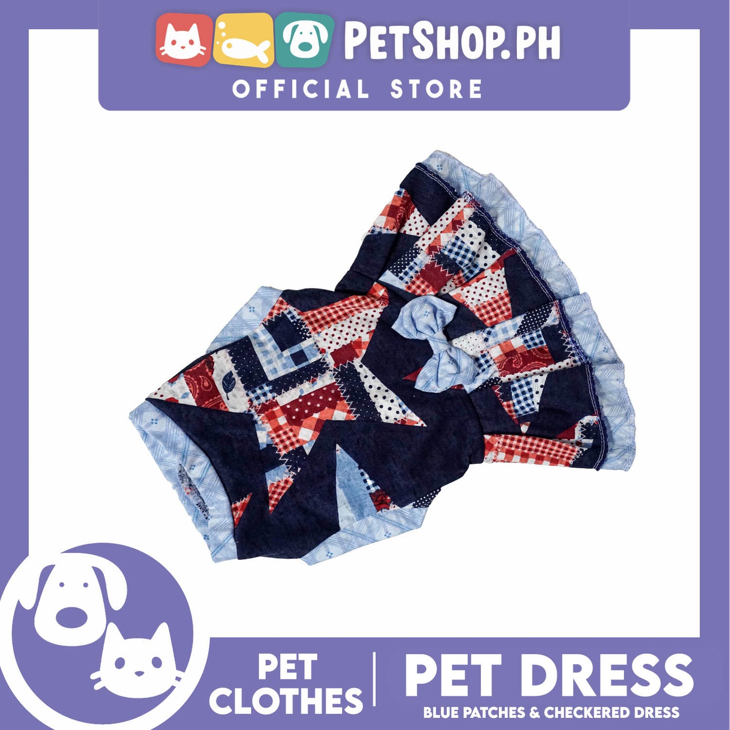 Pet Dress Blue Patches and Checkered Dress (Medium) Perfect Fit for Dogs and Cats