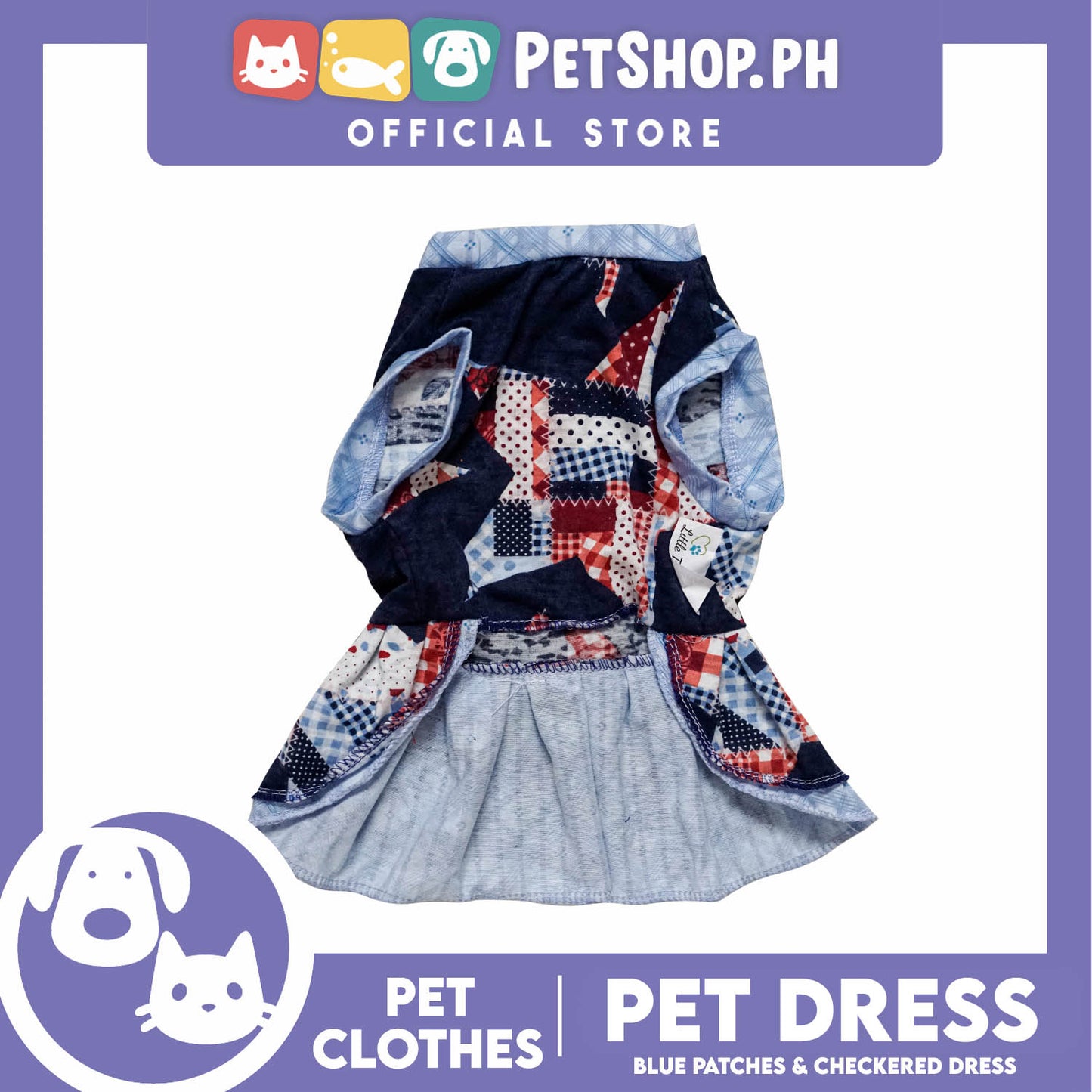 Pet Dress Blue Patches and Checkered Dress (Medium) Perfect Fit for Dogs and Cats