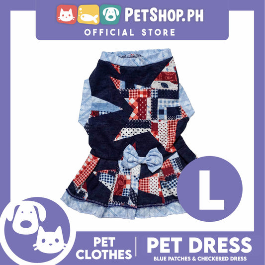 Pet Dress Blue Patches and Checkered Dress (Large) Perfect Fit for Dogs and Cats
