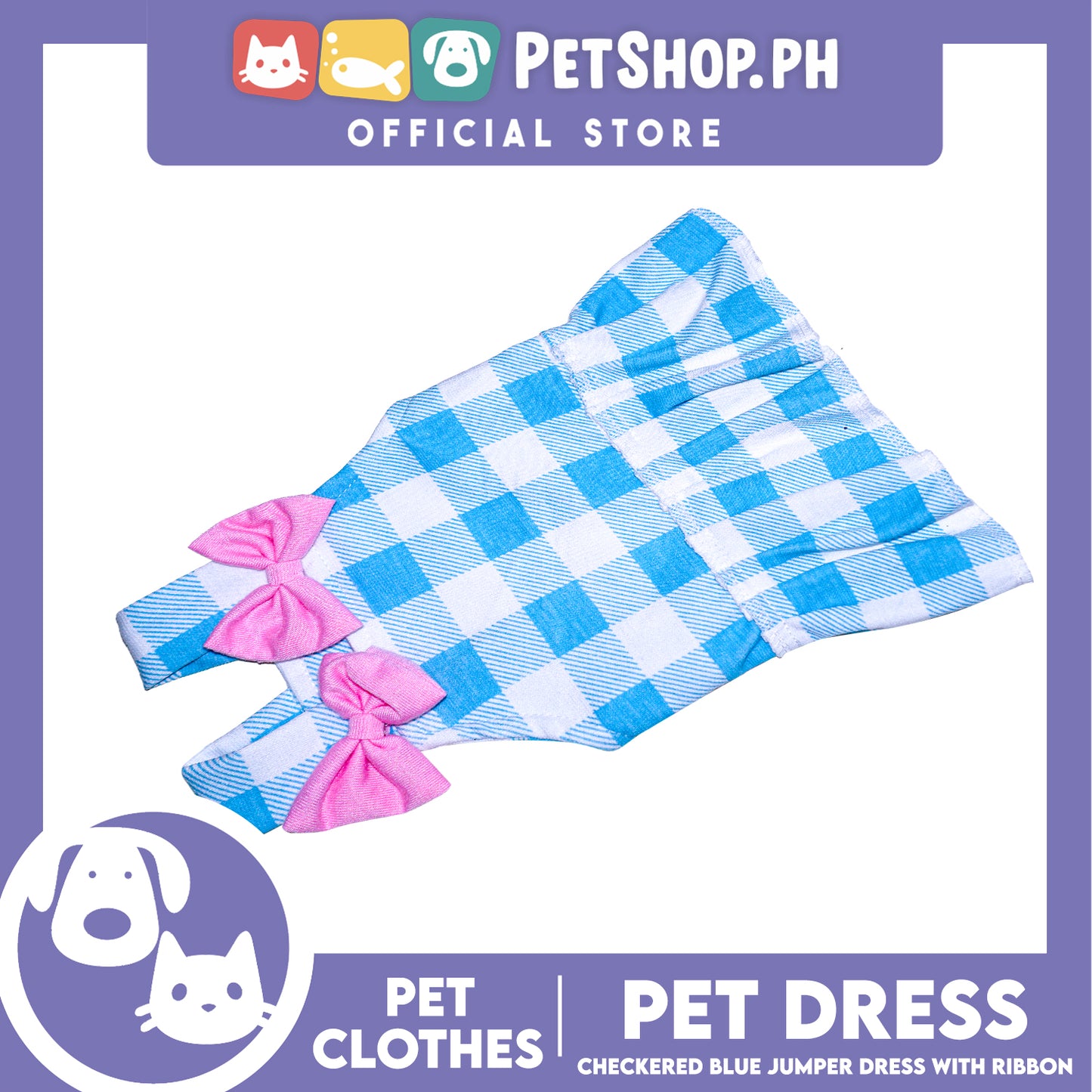 Pet Dress Checkered Blue Dress with pink ribbon (Extra Large) Perfect Fit for Dogs and Cats