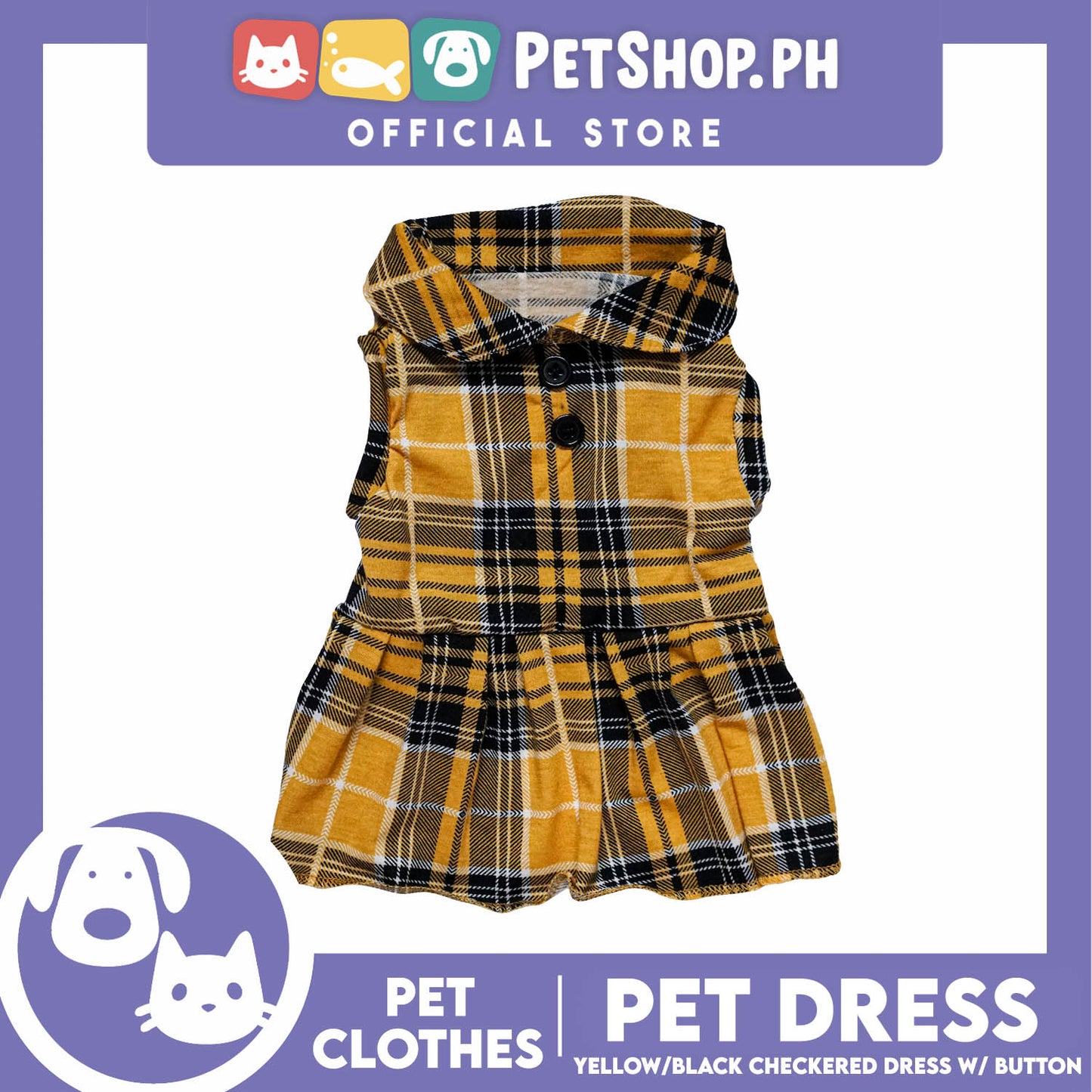 Pet Dress Checkered Yellow and Black with Button (Small) Perfect Fit for Dogs and Cats