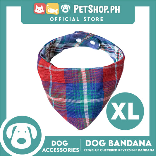Dog Pet Bandana (Extra Large) Reversible Red and Blue Checkered Design Washable Scarf