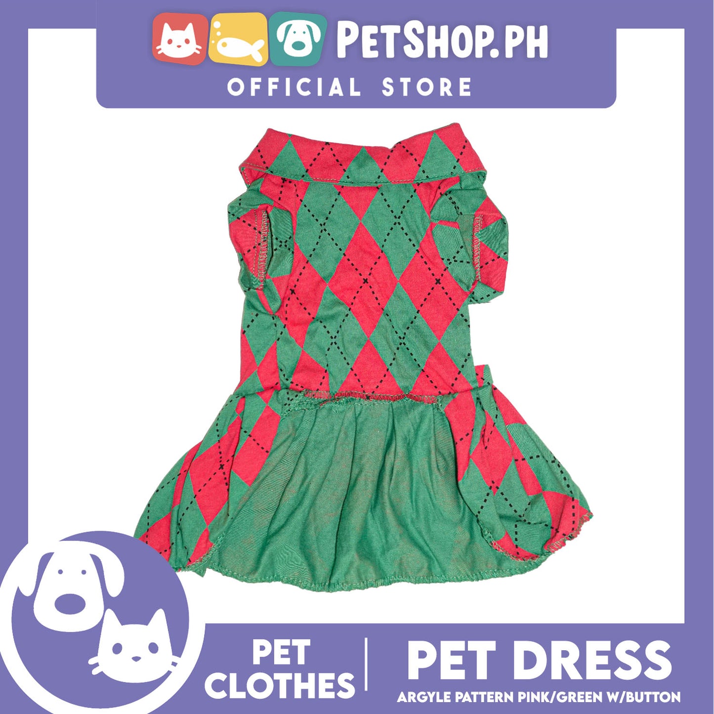 Pet Dress Argyle Pink/Green with Button Dress (Small) Perfect Fit for Dogs and Cats