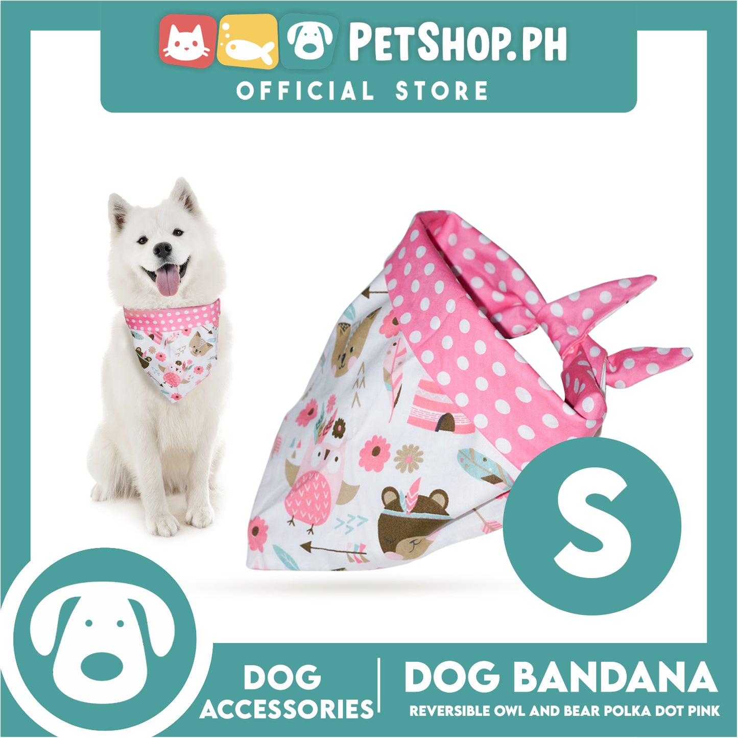 Dog Pet Bandana (Small) Reversible Owl and Bear Polka Dot Pink Washable Scarf
