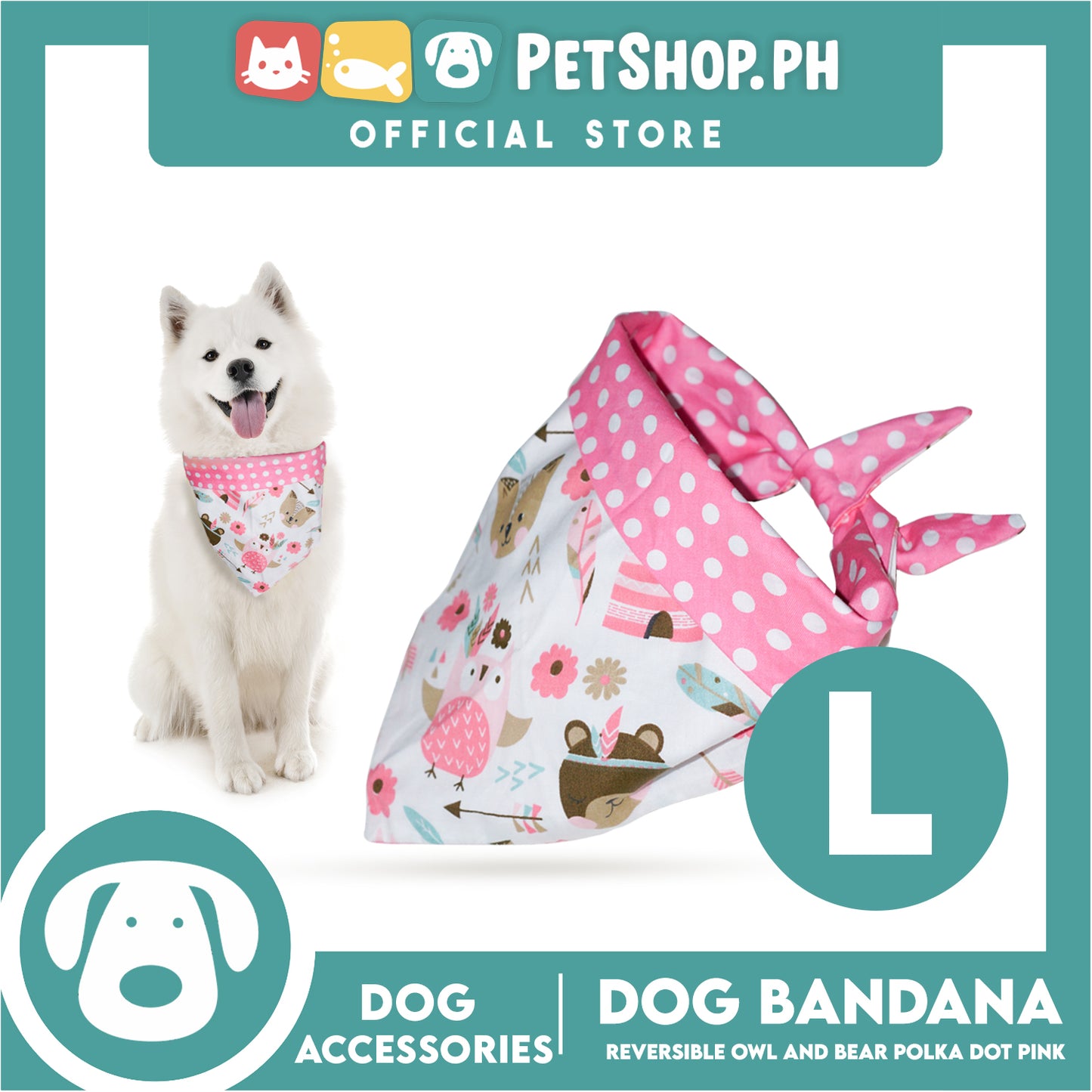 Dog Pet Bandana (Large) Reversible Owl and Bear Polka Dot Pink Washable Scarf