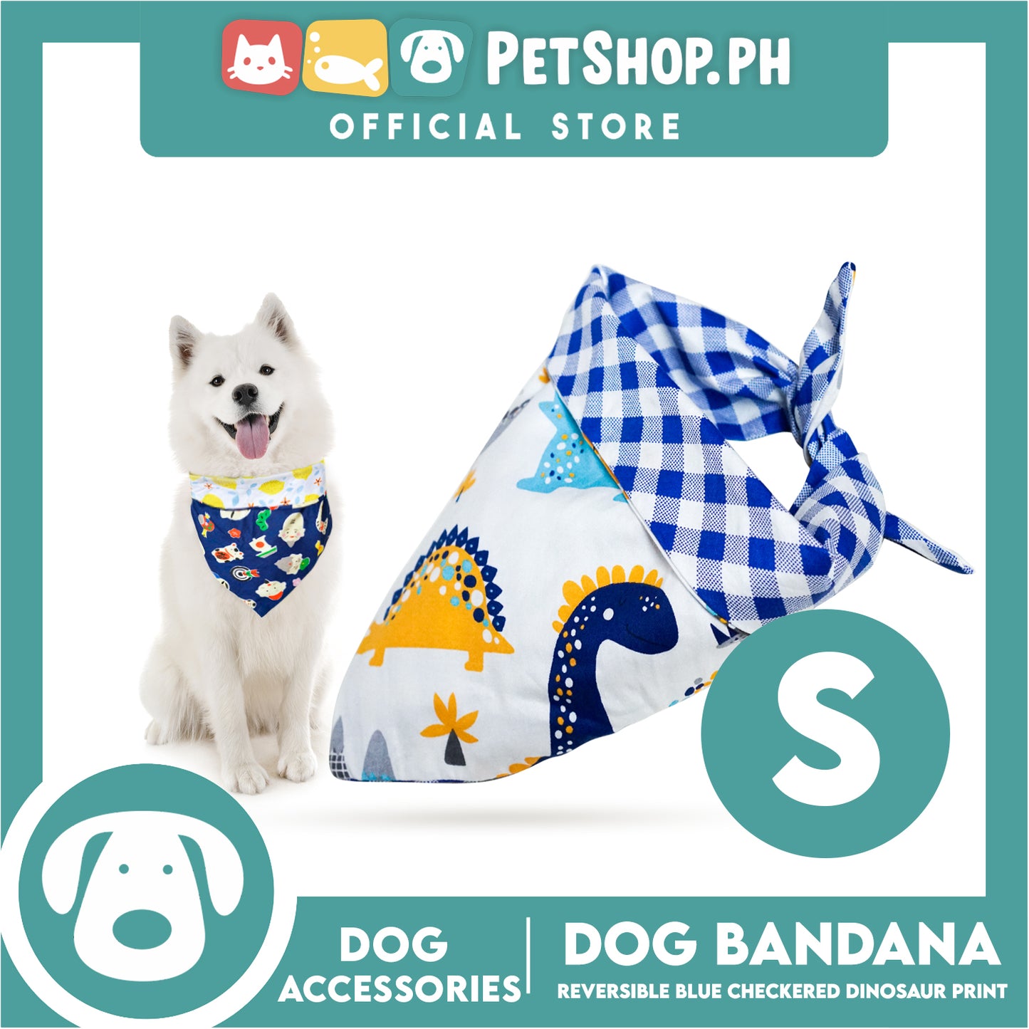 Dog Pet Bandana (Small) Reversible Blue Checkered Dinosaur Print Washable Scarf