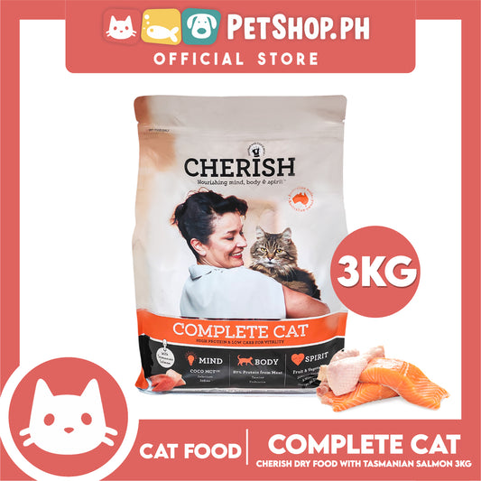 Cherish Nourishing Mind, Body And Spirit Complete Cat With Tasmanian Salmon 3kg High Protein And Low Carb For Vitality Cat Food, Cat Dry Food