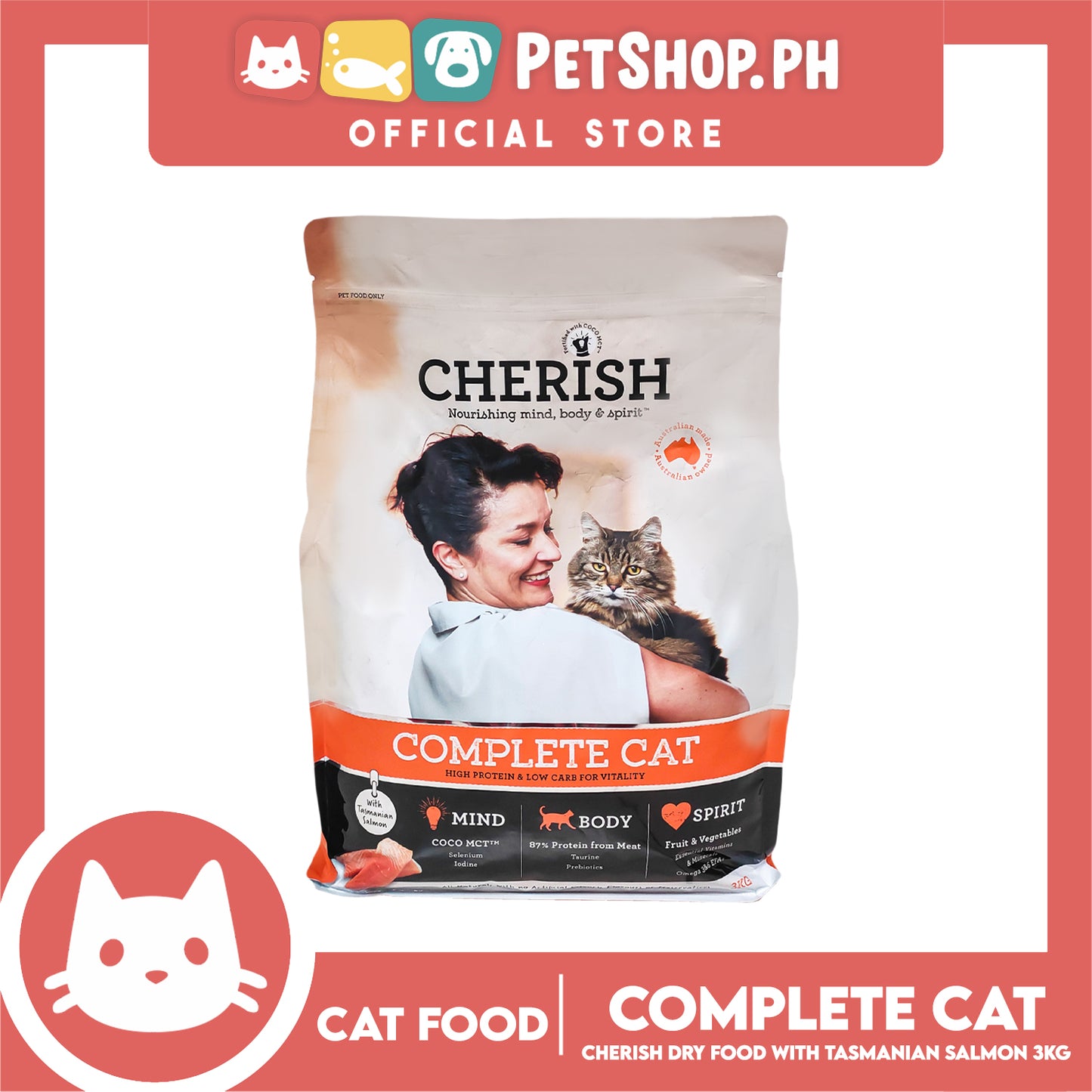 Cherish Nourishing Mind, Body And Spirit Complete Cat With Tasmanian Salmon 3kg High Protein And Low Carb For Vitality Cat Food, Cat Dry Food
