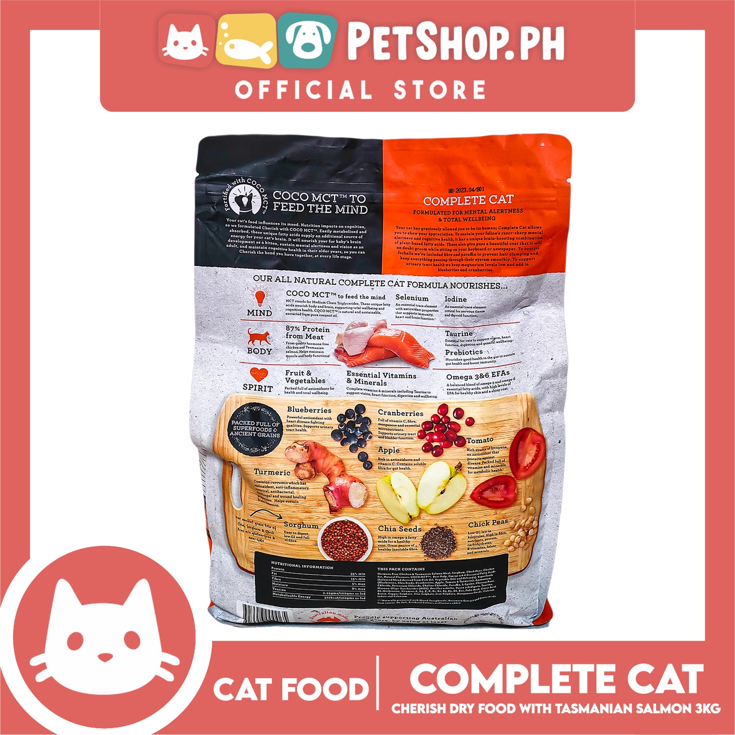 Cherish Nourishing Mind, Body And Spirit Complete Cat With Tasmanian Salmon 3kg High Protein And Low Carb For Vitality Cat Food, Cat Dry Food