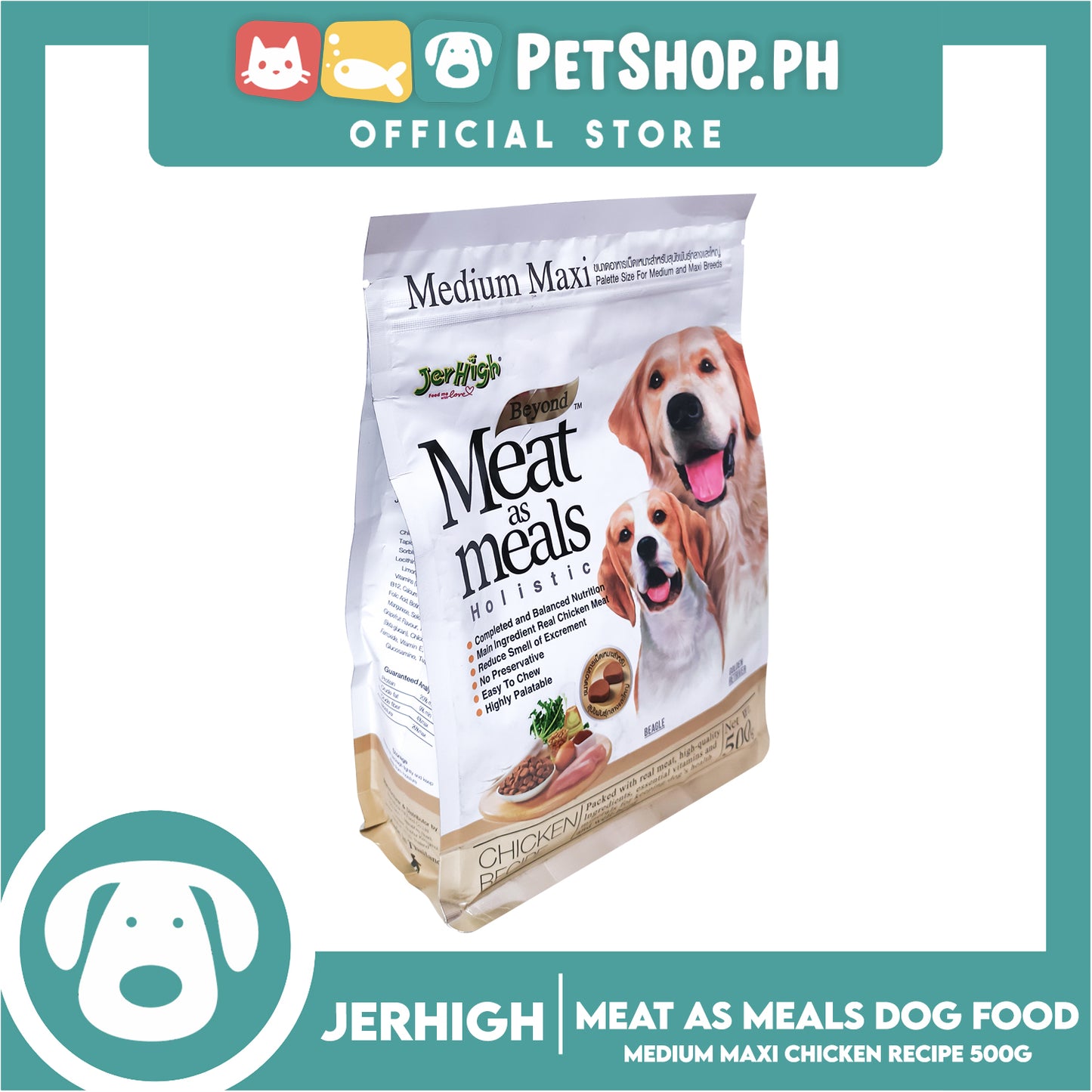 Jerhigh Meat As Meals Holistic, Soft And Tender Semi-Moist Dog Food 500g Medium Maxi Pallete Size For Medium And Maxi Breed (Chicken Recipe Flavor)