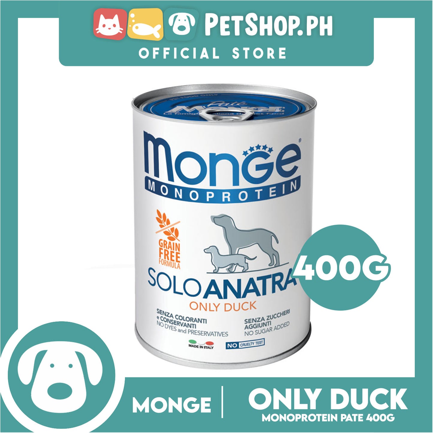Monge Monoprotein Solo Pate Wet Dog Food, Grain Free 400g (Solo Anatra, Only Duck) For Daily Diet Of All Breeds Puppies Canned Food