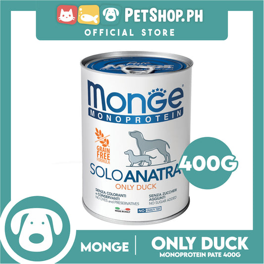 Monge Monoprotein Solo Pate Wet Dog Food, Grain Free 400g (Solo Anatra, Only Duck) For Daily Diet Of All Breeds Puppies Canned Food