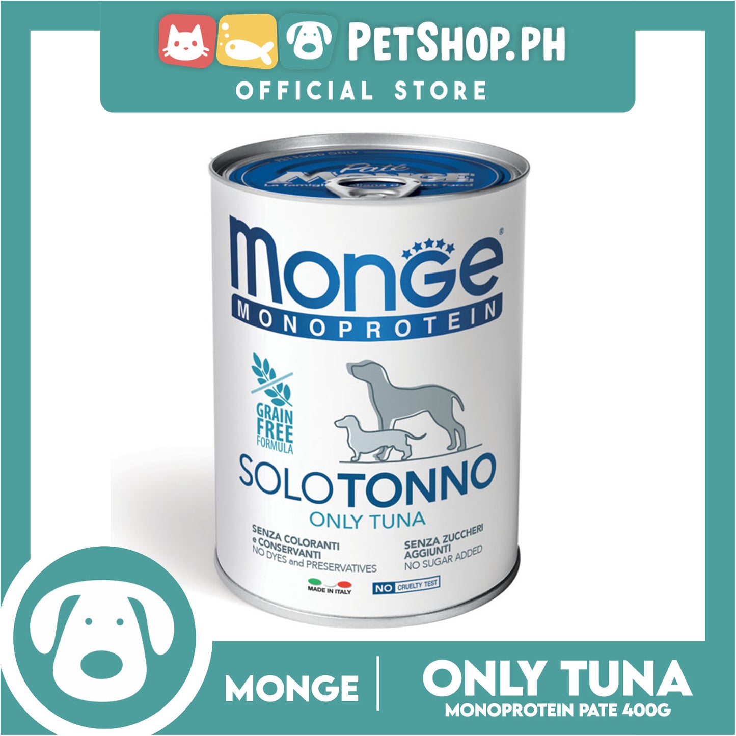 Monge Monoprotein Solo Pate Wet Dog Food, Grain Free 400g (Solo Tonno, Only Tuna) For Daily Diet Of All Breeds Puppies Canned Food