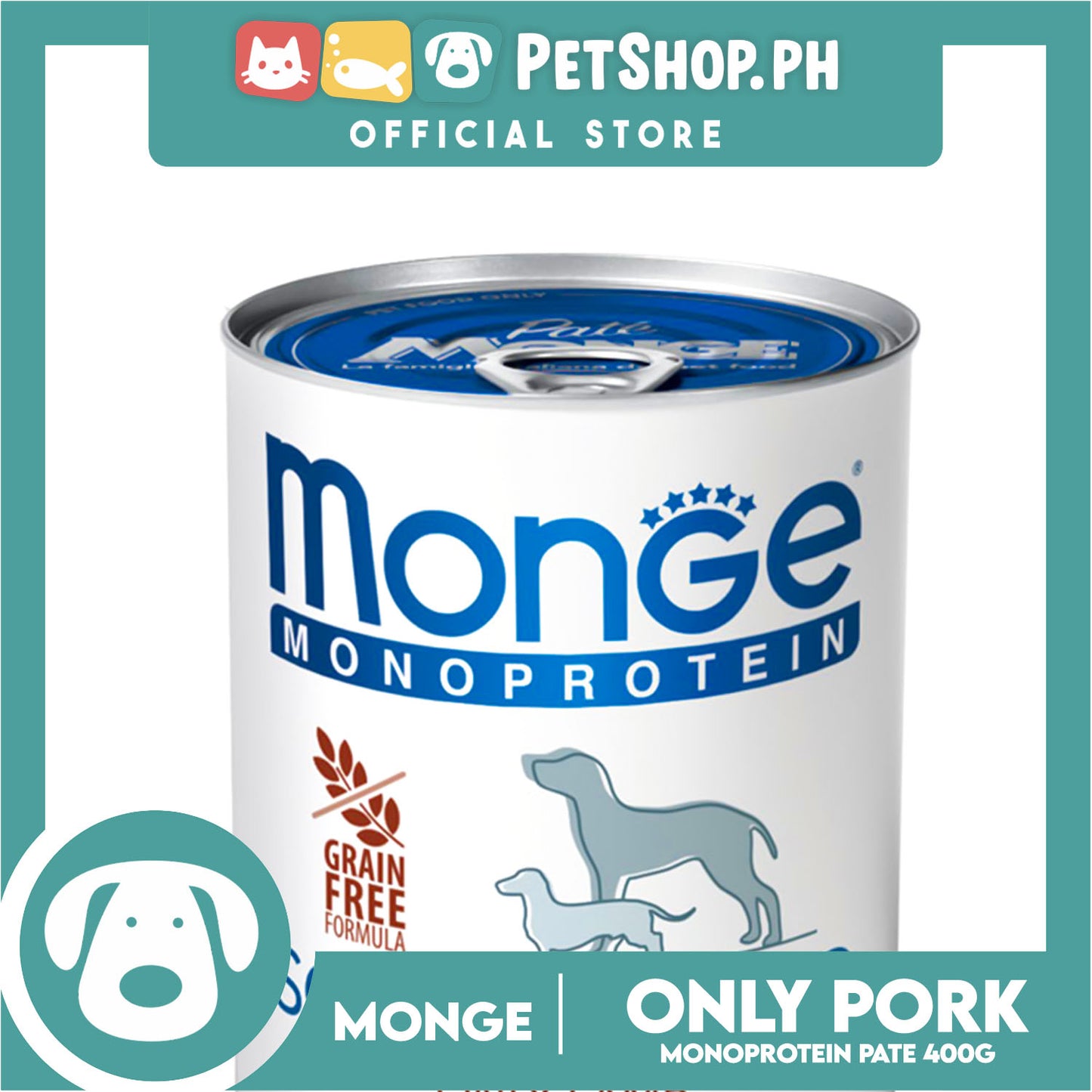 Monge Monoprotein Solo Pate Wet Dog Food, Grain Free 400g (Solo Maiale, Only Pork) For Daily Diet Of All Breeds Puppies Canned Food