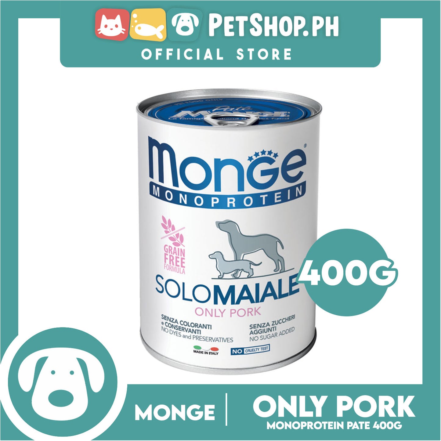 Monge Monoprotein Solo Pate Wet Dog Food, Grain Free 400g (Solo Maiale, Only Pork) For Daily Diet Of All Breeds Puppies Canned Food