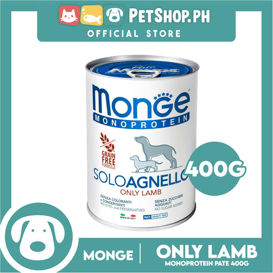 Monge Monoprotein Solo Pate Wet Dog Food, Grain Free 400g (Solo Agnello, Only Lamb) For Daily Diet Of All Breeds Puppies Canned Food