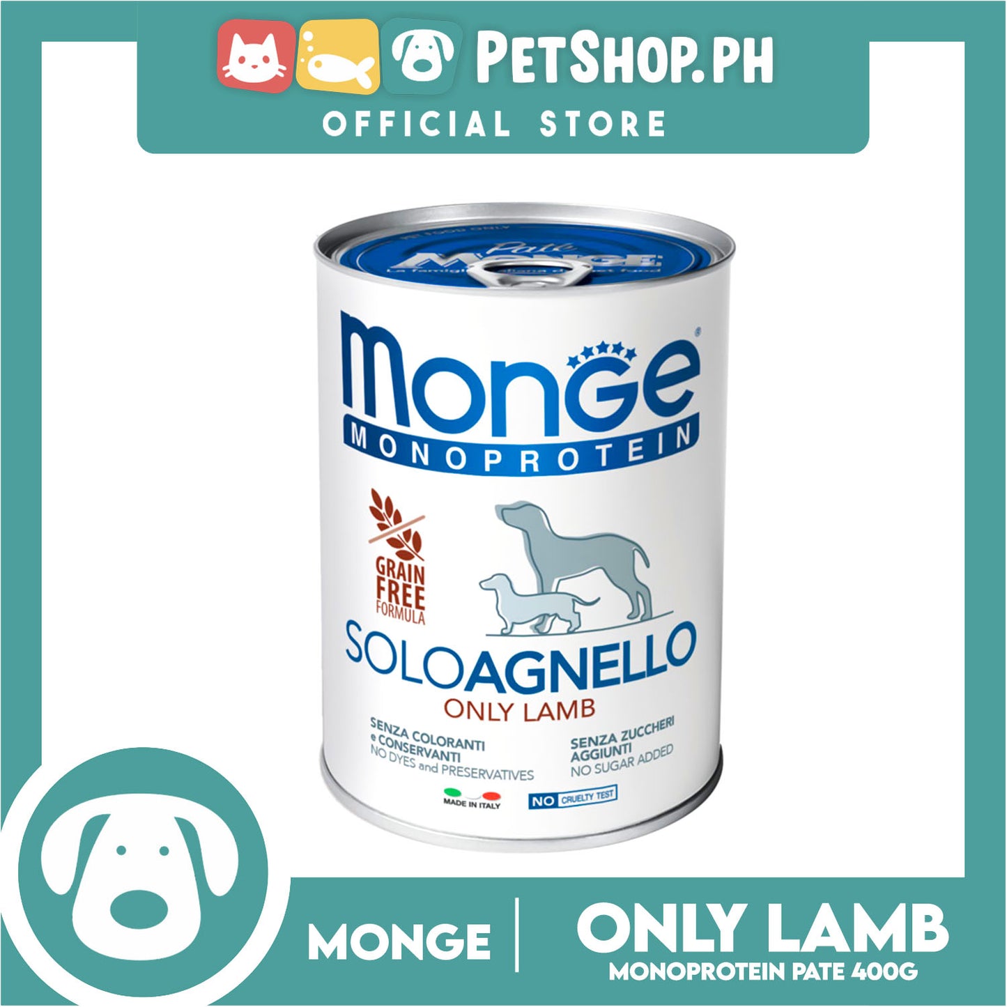 Monge Monoprotein Solo Pate Wet Dog Food, Grain Free 400g (Solo Agnello, Only Lamb) For Daily Diet Of All Breeds Puppies Canned Food