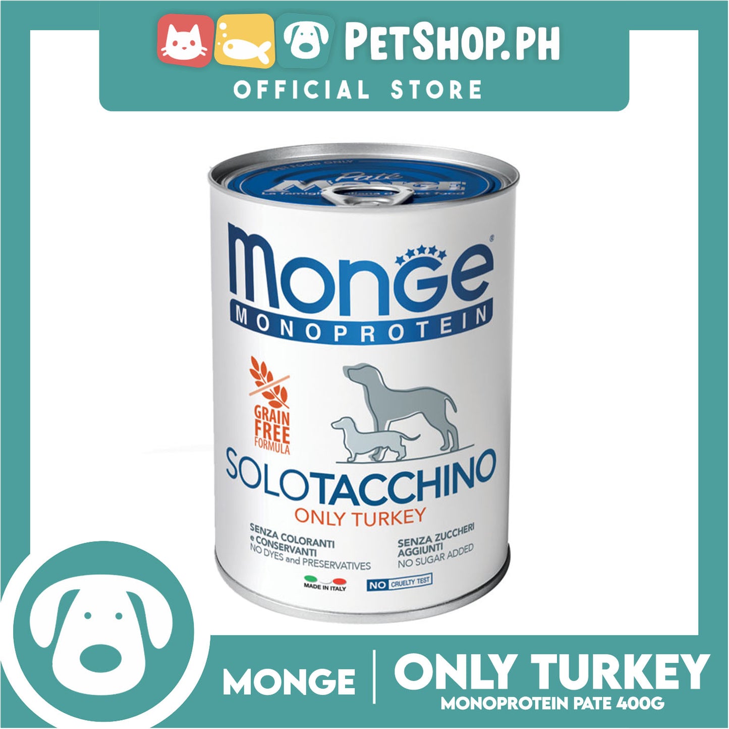 Monge Monoprotein Solo Pate Wet Dog Food, Grain Free 400g (Solo Tachinno, Only Turkey) For Daily Diet Of All Breeds Puppies Canned Food