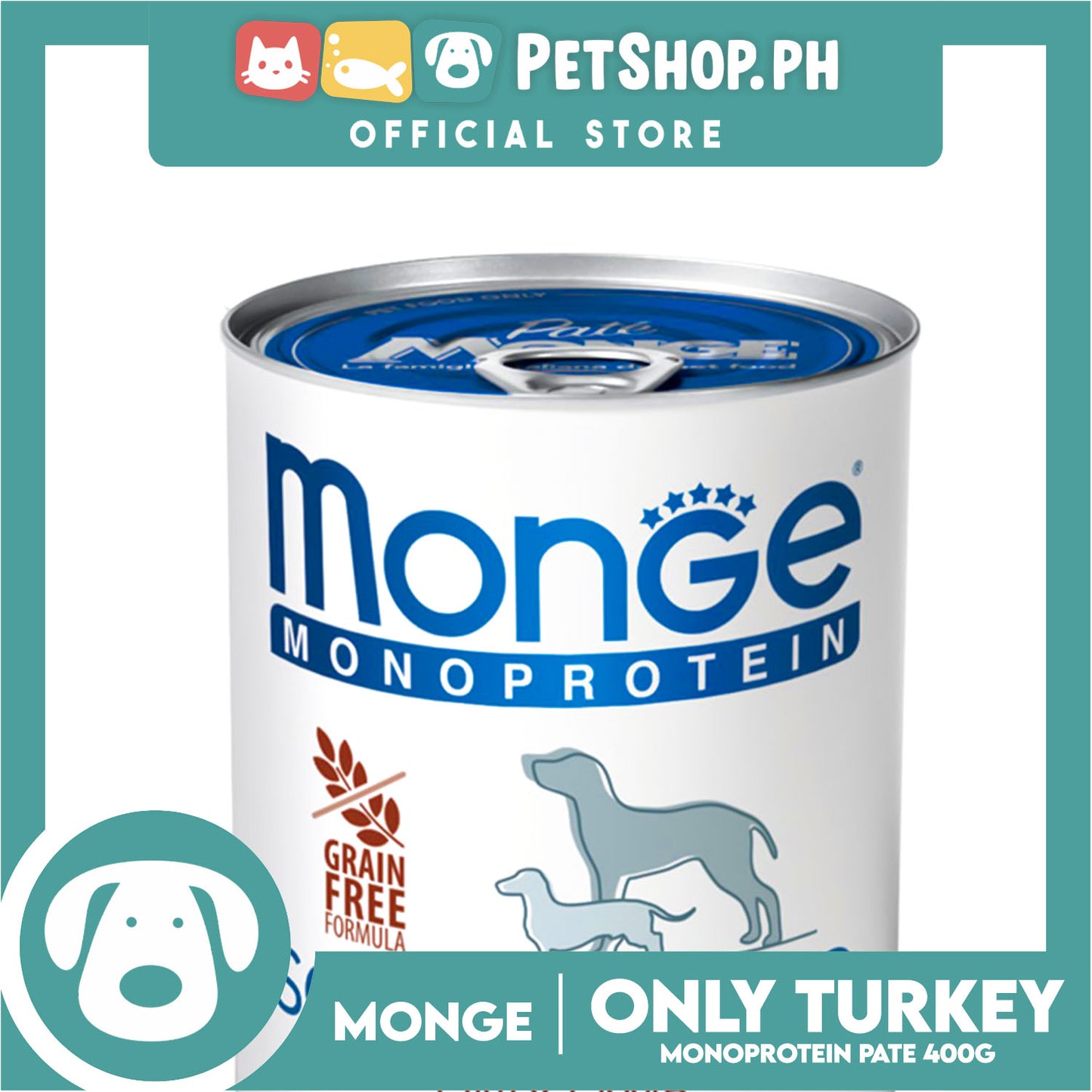 Monge Monoprotein Solo Pate Wet Dog Food, Grain Free 400g (Solo Tachinno, Only Turkey) For Daily Diet Of All Breeds Puppies Canned Food