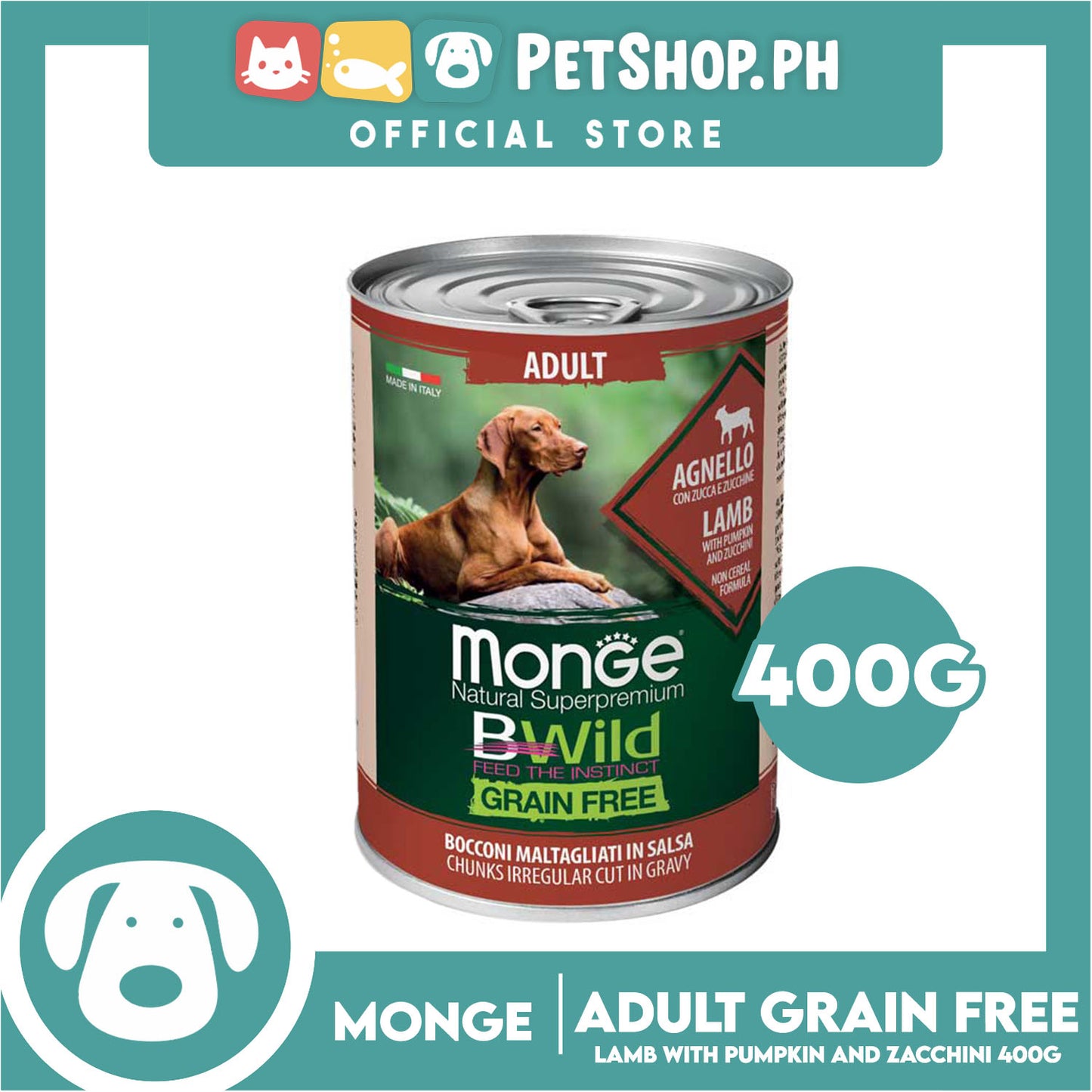 Monge Natural Superpremium BWild Feed The Instinct, Grain Free Wet Dog Food For Adult 400g (Agnello, Lamb) Chunks Irregular Cut In Gravy, Dog Canned Food
