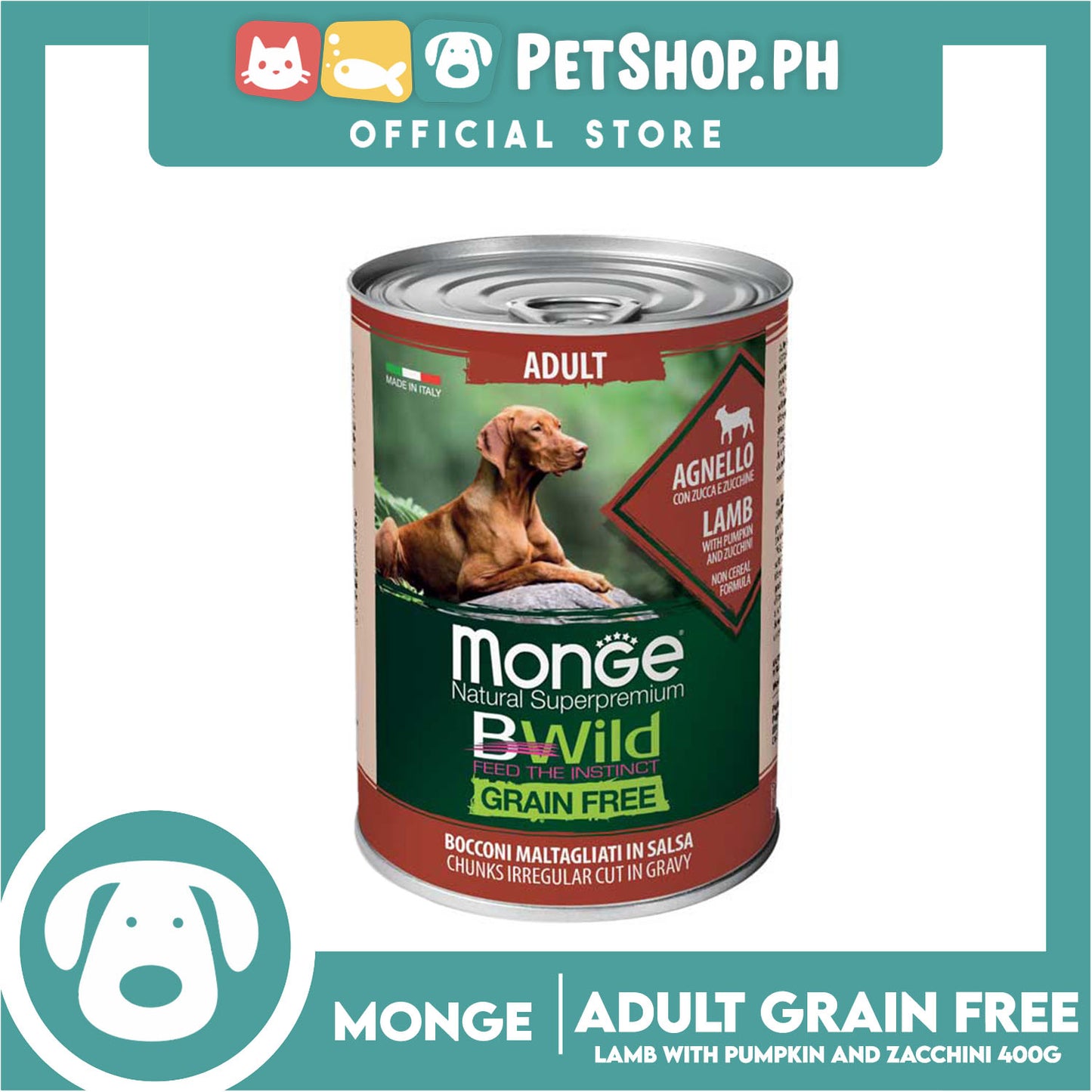 Monge Natural Superpremium BWild Feed The Instinct, Grain Free Wet Dog Food For Adult 400g (Agnello, Lamb) Chunks Irregular Cut In Gravy, Dog Canned Food