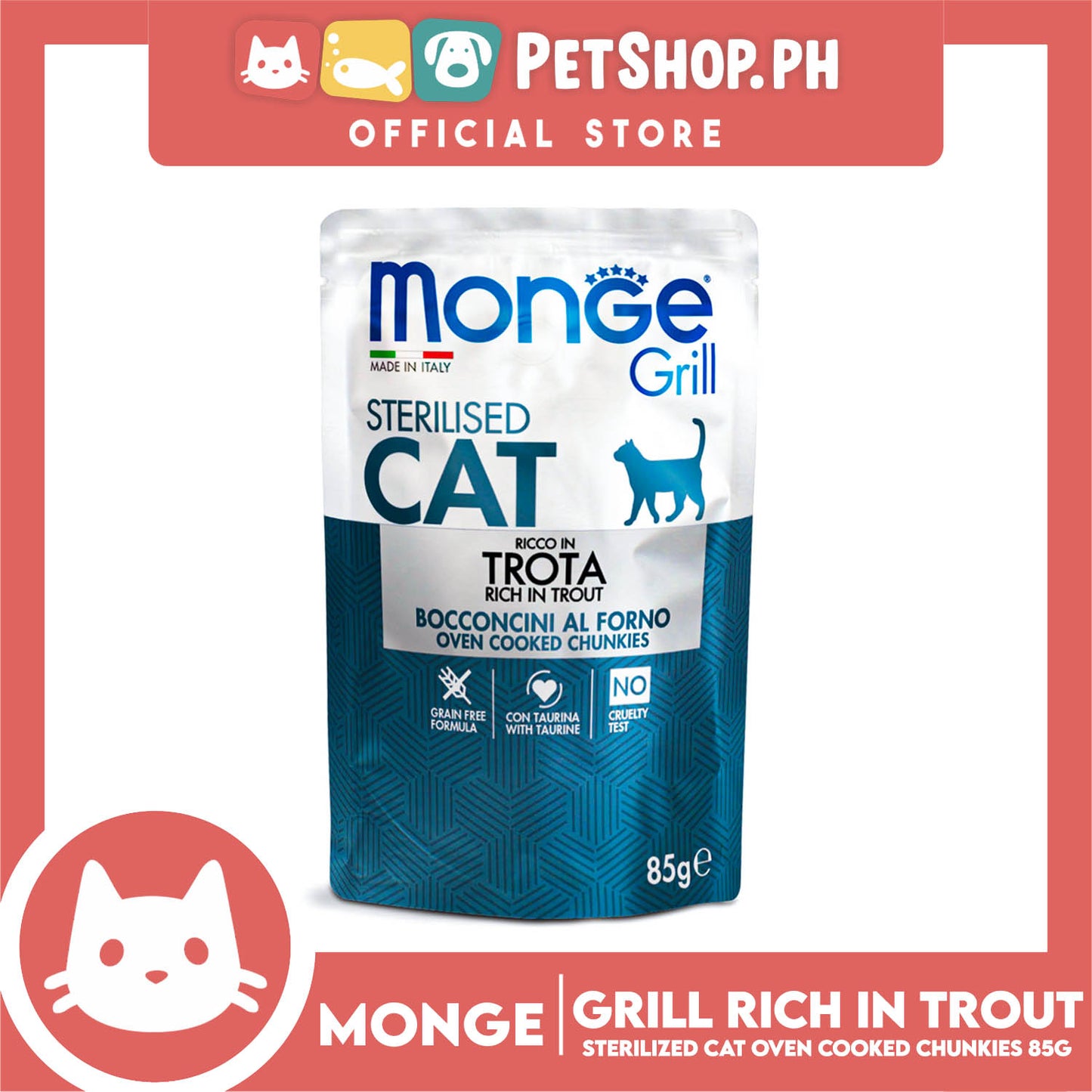 Monge Jelly Cat Pouch Grill For Sterilised Cats 85g (Trota, Rich In Trout) Cat Wet Food, Cat Pouch Food