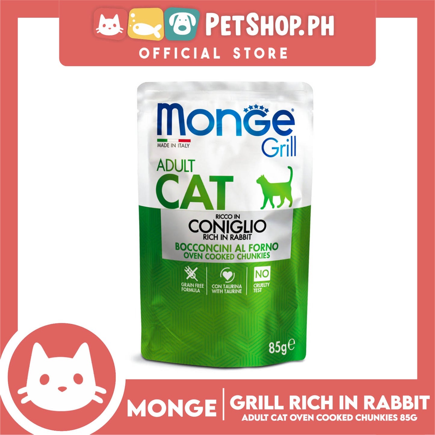 Monge Jelly Cat Pouch Grill For Adult Cats 85g (Coniglio, Rich In Rabbit) Cat Wet Food, Cat Pouch Food