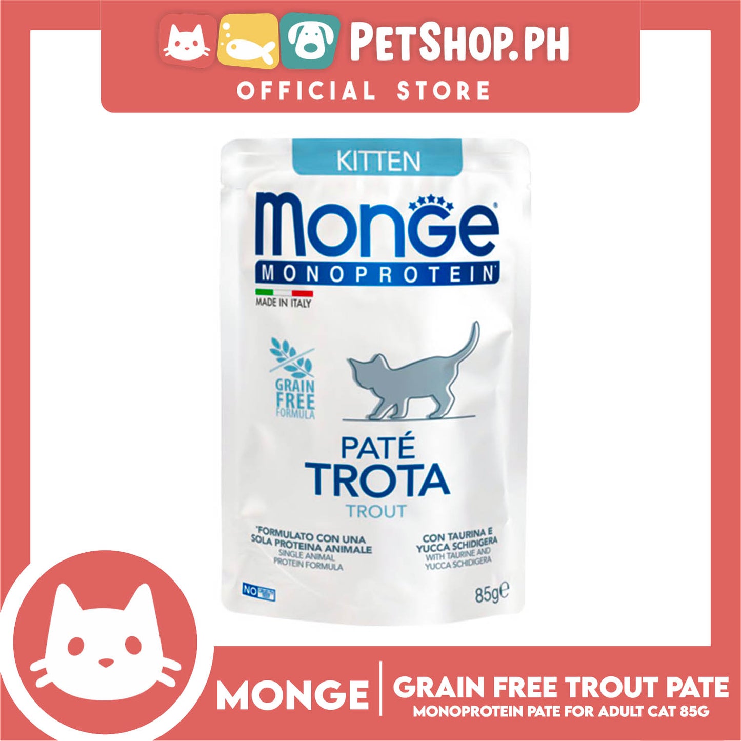 Monge Monoprotein Pate Wet Cat Food In Pouch For Kitten, Grain Free 85g (Pate Trota, Trout)