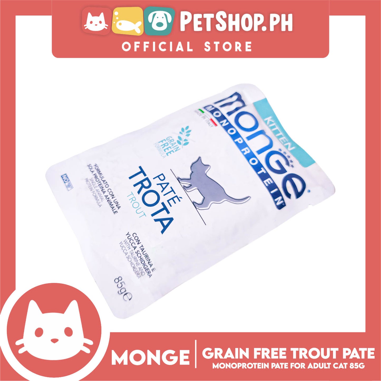 Monge Monoprotein Pate Wet Cat Food In Pouch For Kitten, Grain Free 85g (Pate Trota, Trout)