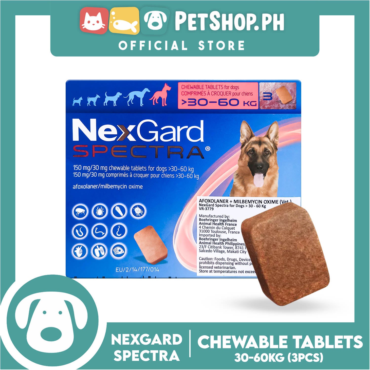 NexGard Spectra Chewable Tablets For Dogs XL 30-60kg 150mg/30mg (3 Tab –