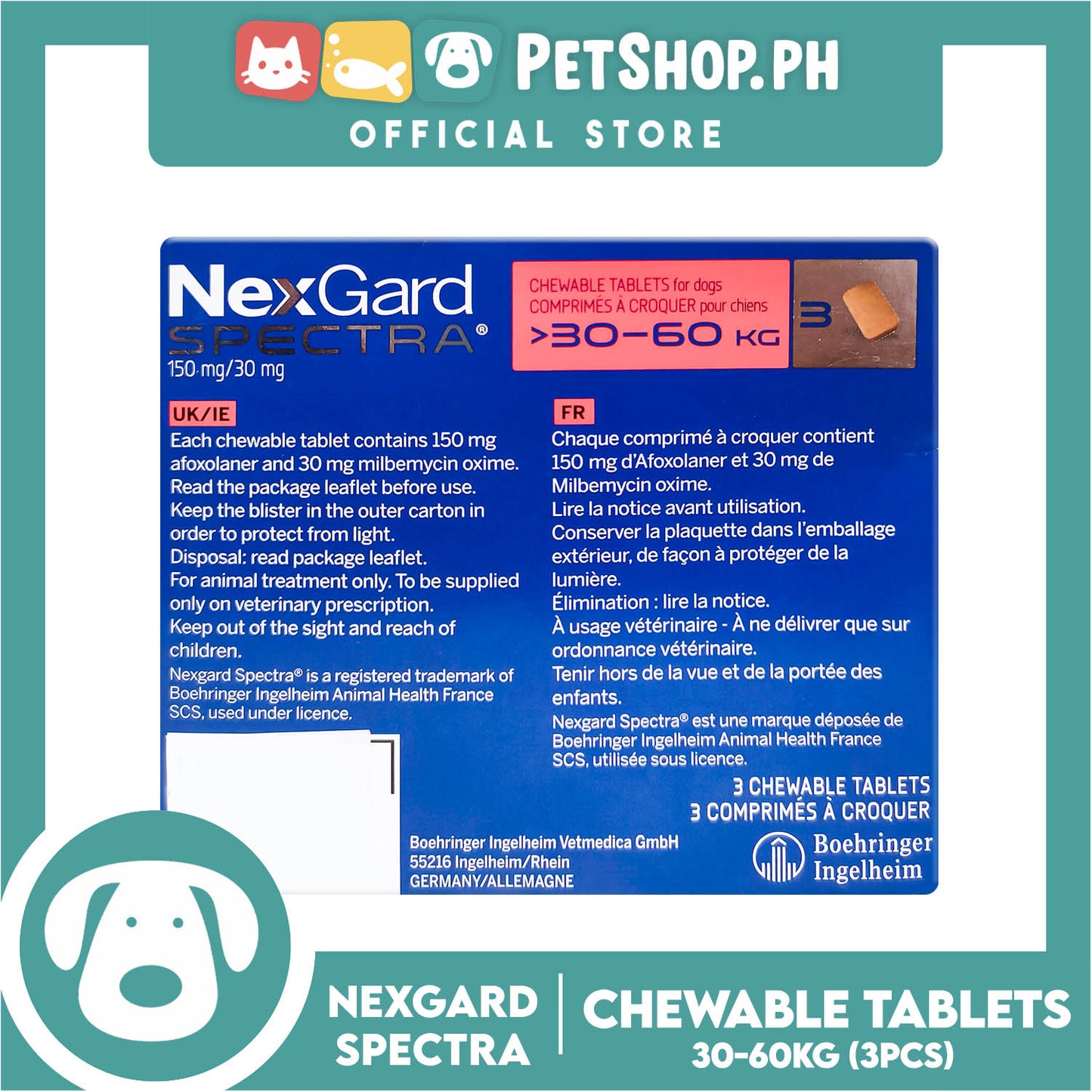 NexGard Spectra Chewable Tablets For Dogs XL 30-60kg 150mg/30mg (3 Tablets) For Dogs Protection Against Fleas, Ticks, Mites, Heartworm And Worms