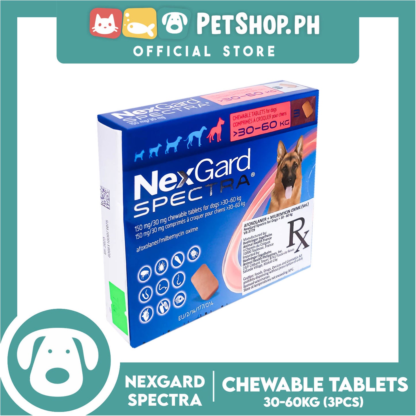 NexGard Spectra Chewable Tablets For Dogs XL 30-60kg 150mg/30mg (3 Tablets) For Dogs Protection Against Fleas, Ticks, Mites, Heartworm And Worms