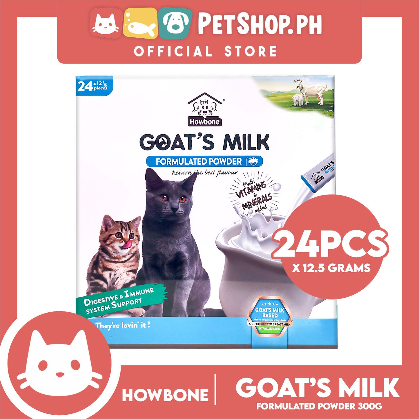 Howbone Goat's Milk Formulated Powder For Cats 12g x 24pcs. Digestive And Immune System Support For Cats