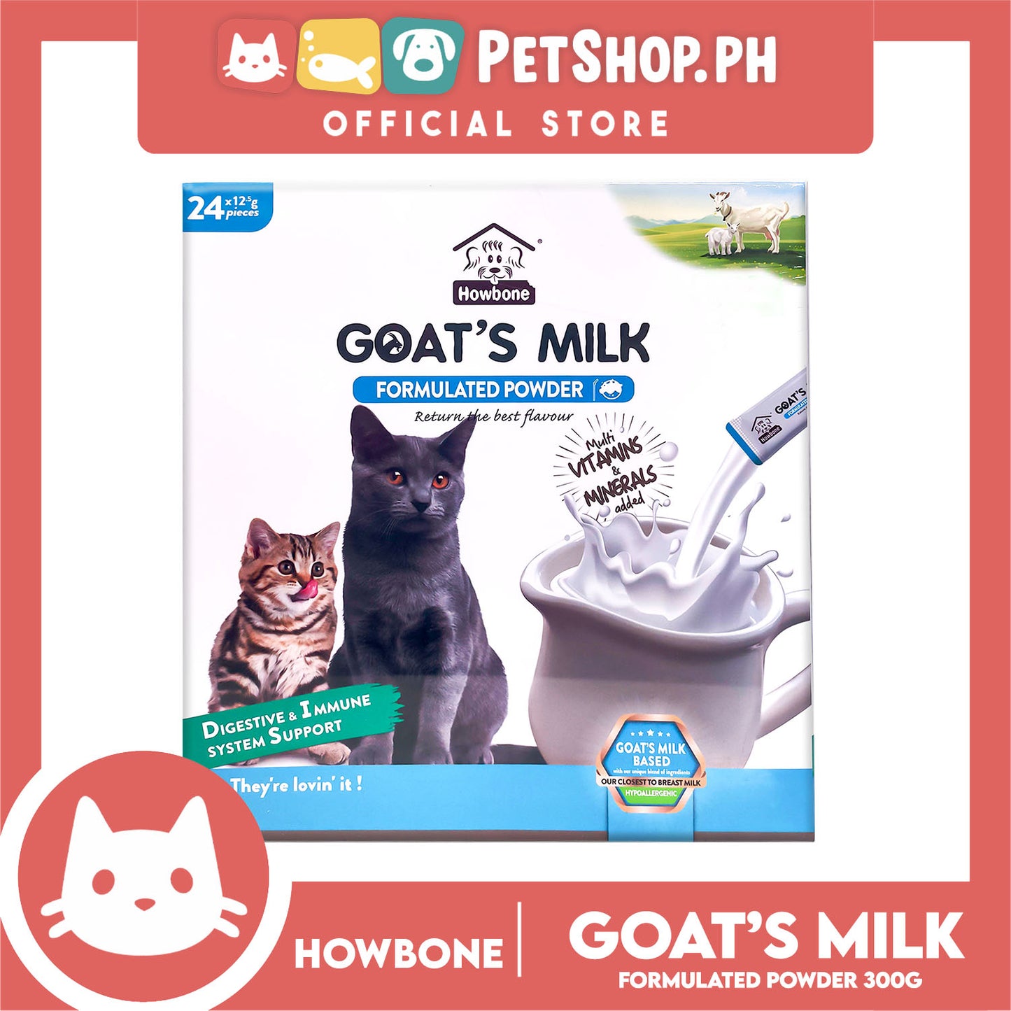Howbone Goat's Milk Formulated Powder For Cats 12g x 24pcs. Digestive And Immune System Support For Cats