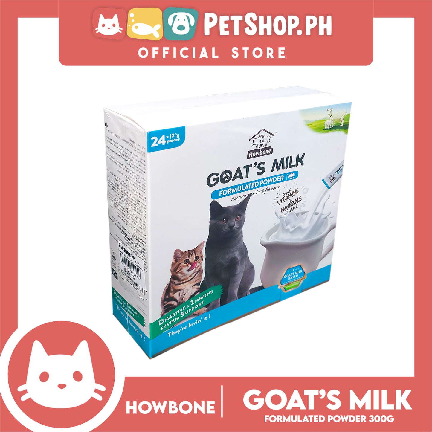 Howbone Goat's Milk Formulated Powder For Cats 12g x 24pcs. Digestive And Immune System Support For Cats