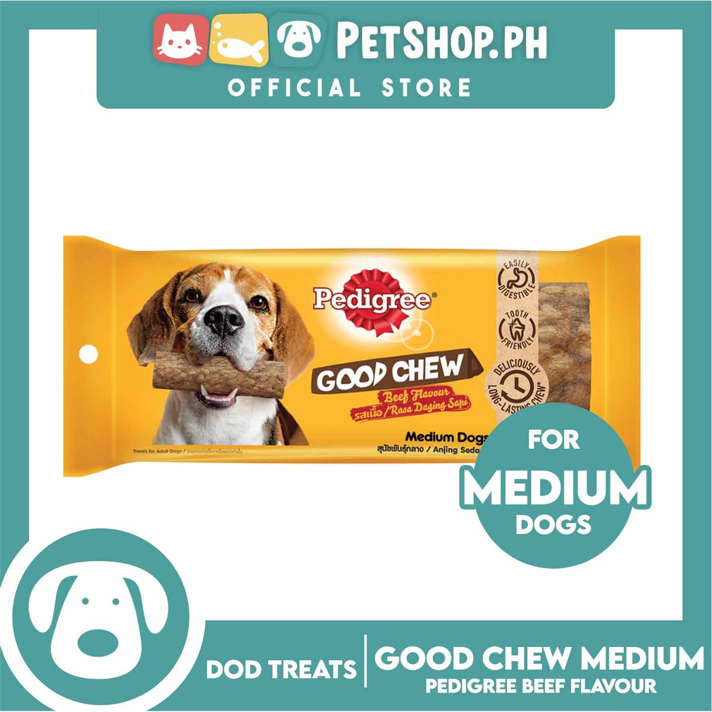 Pedigree Good Chew For Medium Dogs 10-25kg (Beef Flavor) Easily Digestible, Tooth Friendly, Deliciously Long Lasting Chew, Rawhide Free, Dog Chews, Dental Treats