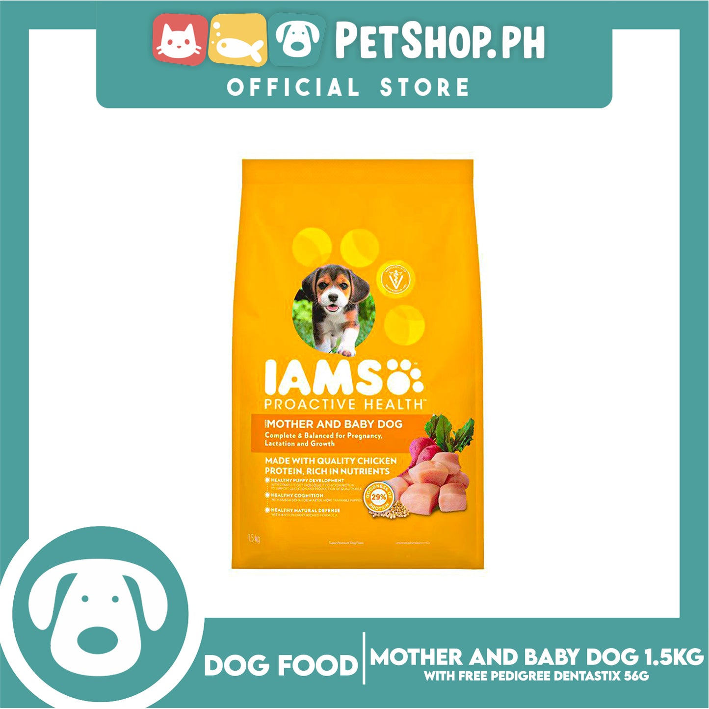 IAMS Pro-Active Health, Mother And Baby Dog Complete And Balanced Nutrition For Pregnancy, Lactation And Growth 1.5kg (Chicken) Premium Dog Food, Dog Dry Food With Free Pedigree Dentastix Puppy 7 Sticks For 4-12 Months