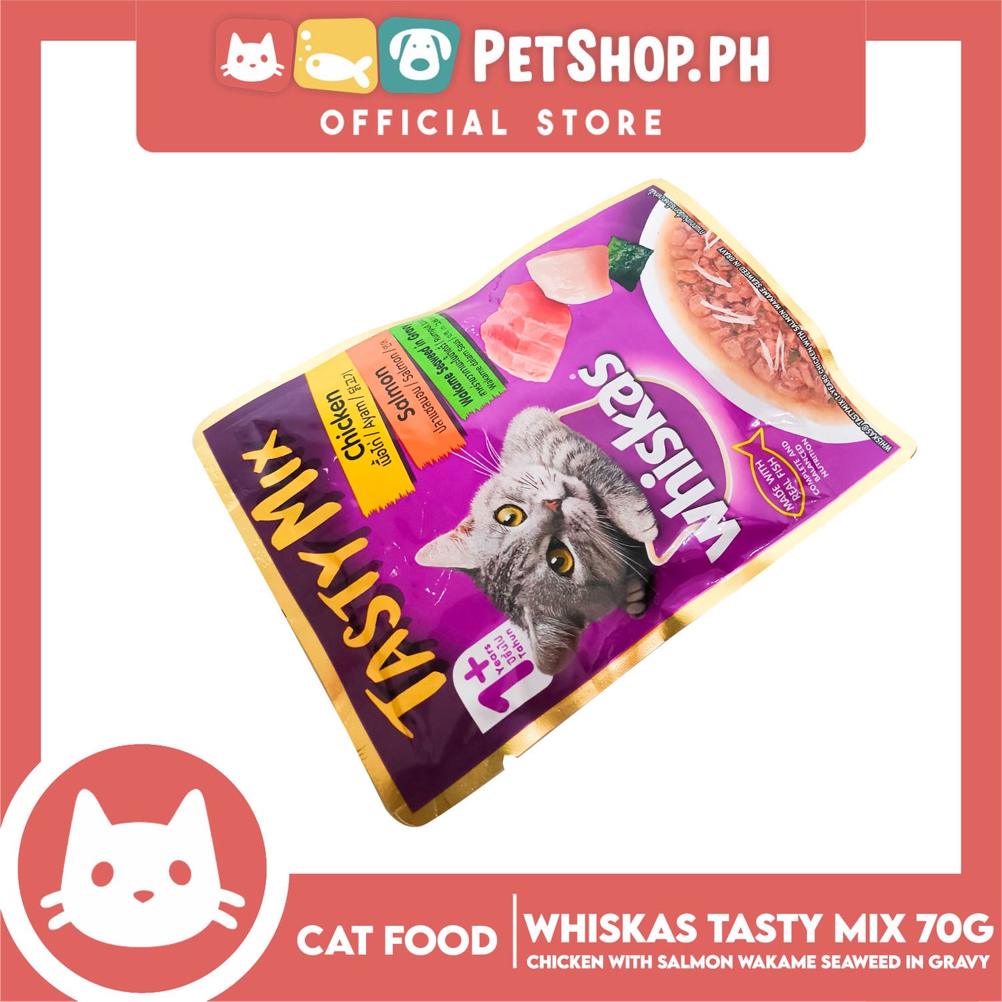 Whiskas Tasty Mix For Adult 1+ Year Cat Food 70g (Chicken Salmon Wakame Seaweed In Gravy) Cat Wet Food, Cat Pouch Food