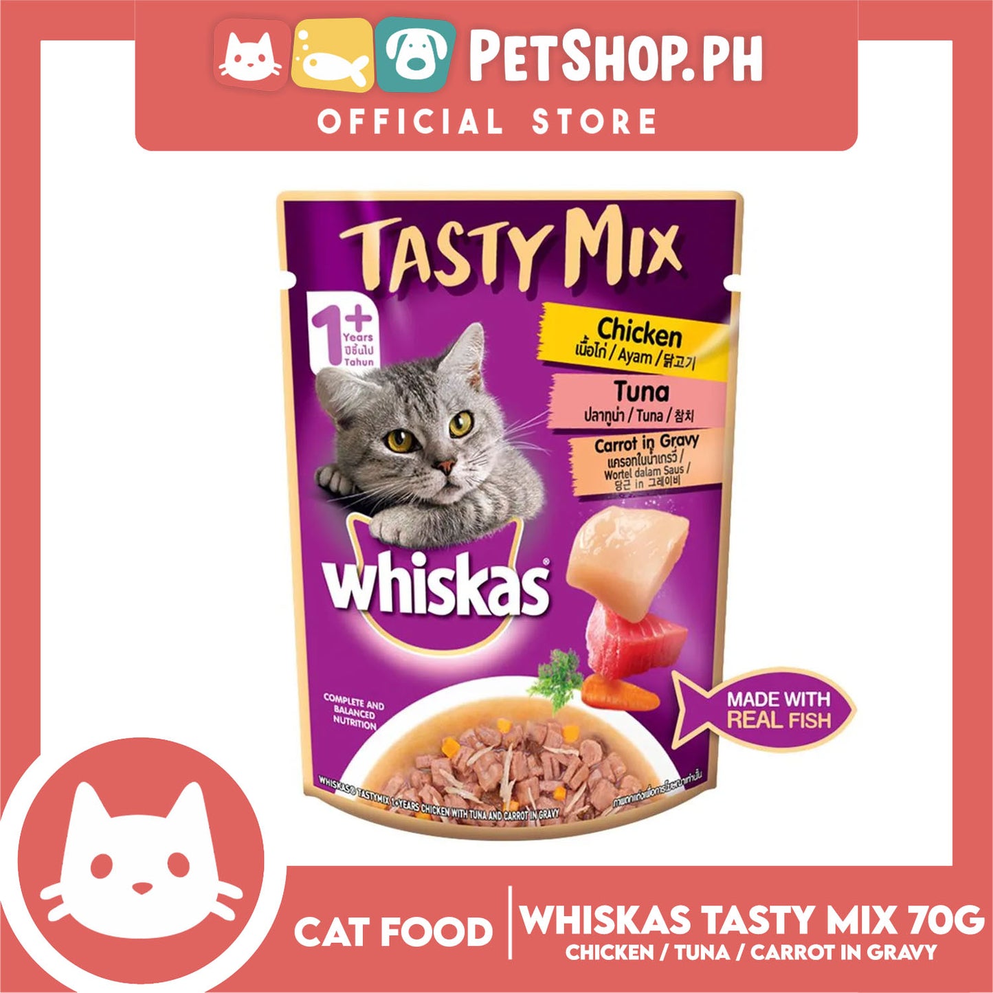 Whiskas Tasty Mix For Adult 1+ Year Cat Food 70g (Chicken Tuna Carrot In Gravy) Cat Wet Food, Cat Pouch Food