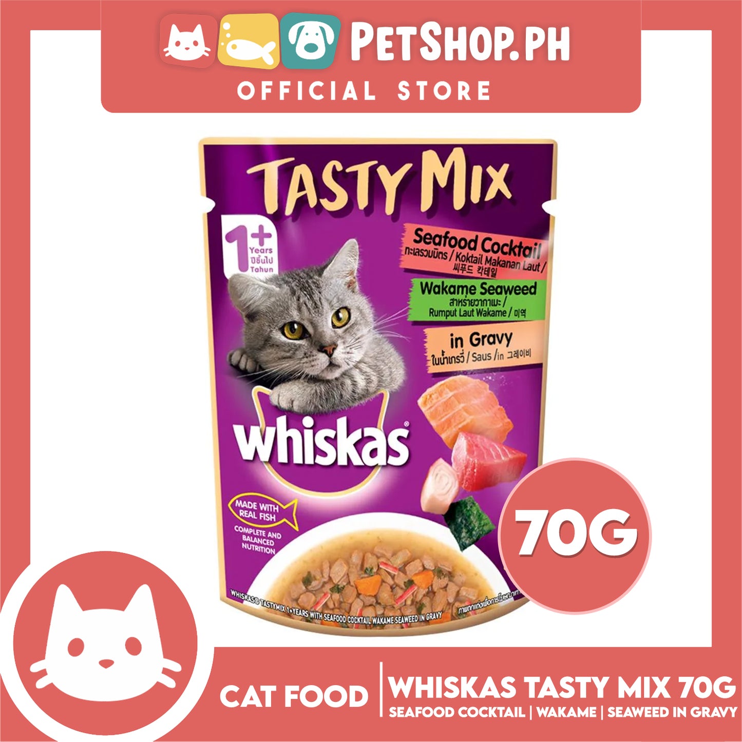 Whiskas Tasty Mix For Adult 1+ Year Cat Food 70g (Seafood Cocktail Wakame Seaweed In Gravy) Cat Wet Food, Cat Pouch Food