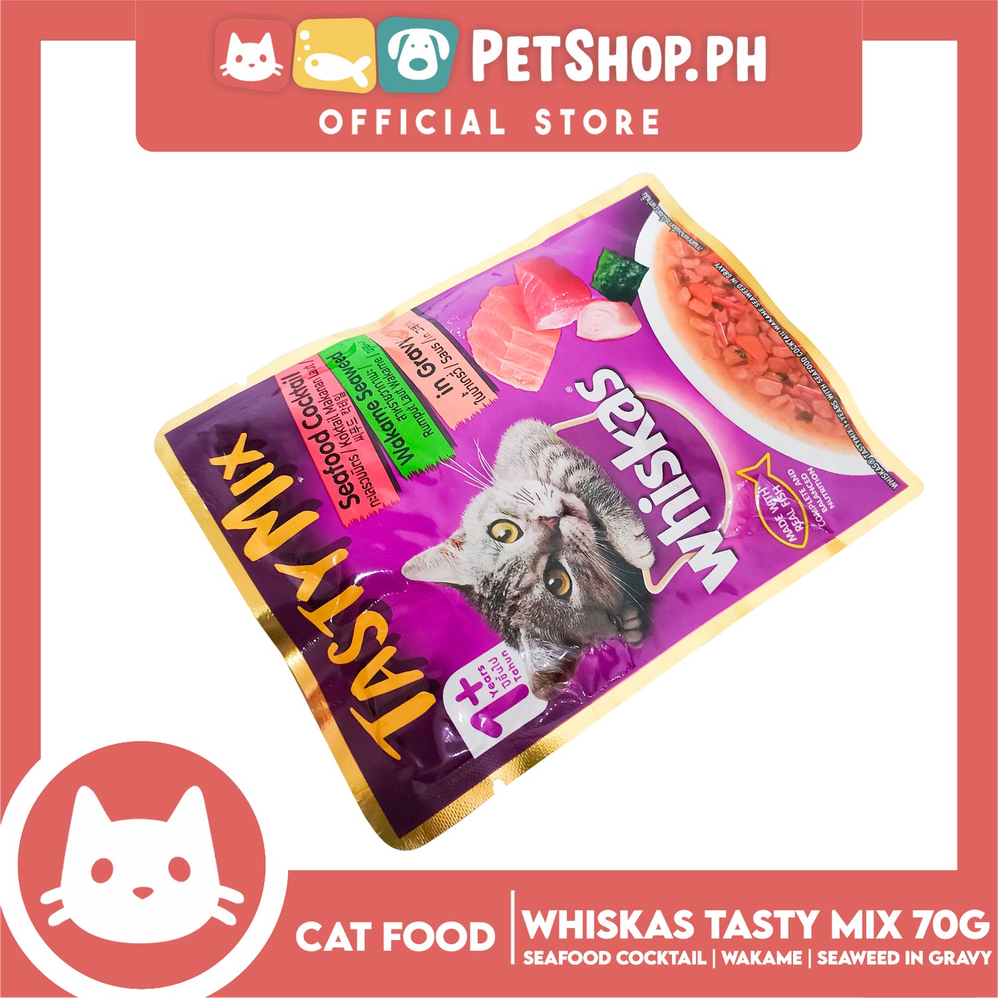 Whiskas Tasty Mix For Adult 1+ Year Cat Food 70g (Seafood Cocktail Wakame Seaweed In Gravy) Cat Wet Food, Cat Pouch Food