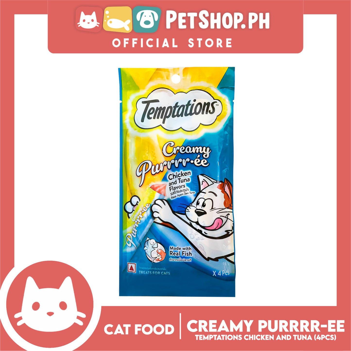 Temptations Creamy Pure Made With Real Fish Lickable Cat Treats 12g x 4pcs Sachets (Chicken And Tuna) Cat Wet Food, Cat Snack