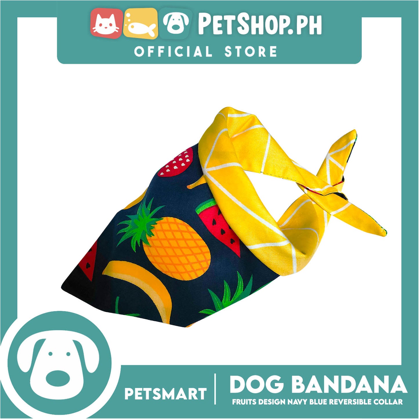 Pet Bandana Collar Scarf Reversible, Fruits Design Navy Blue With Yellow Lines Colors DB-CTN21M (Medium) Perfect Fit For Dogs And Cats, Breathable, Soft Lightweight Pet Bandana