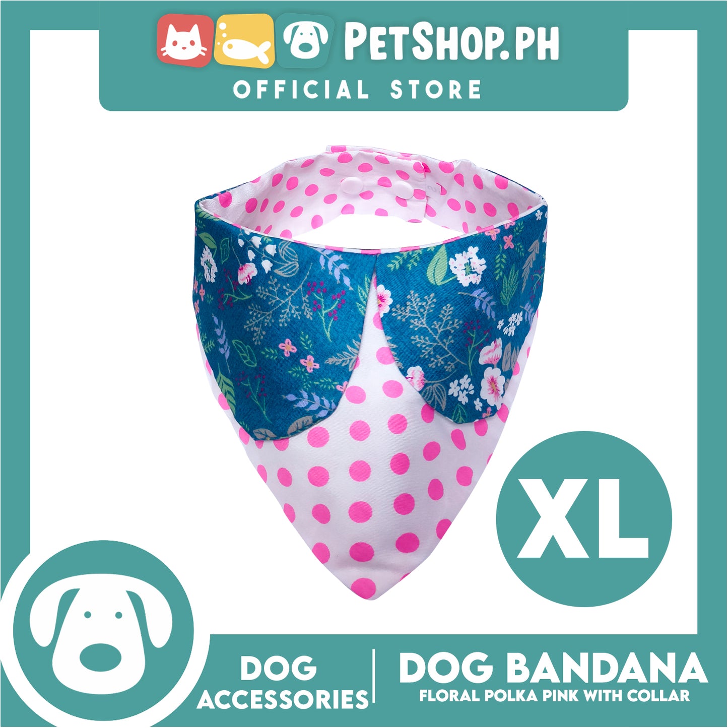 Pet Bandana Collar Scarf Reversible Pink Polka Dots With Blue Floral Designs DB-CTN26XL (XL) Perfect Fit For Dogs And Cats, Breathable, Soft Lightweight Pet Bandana
