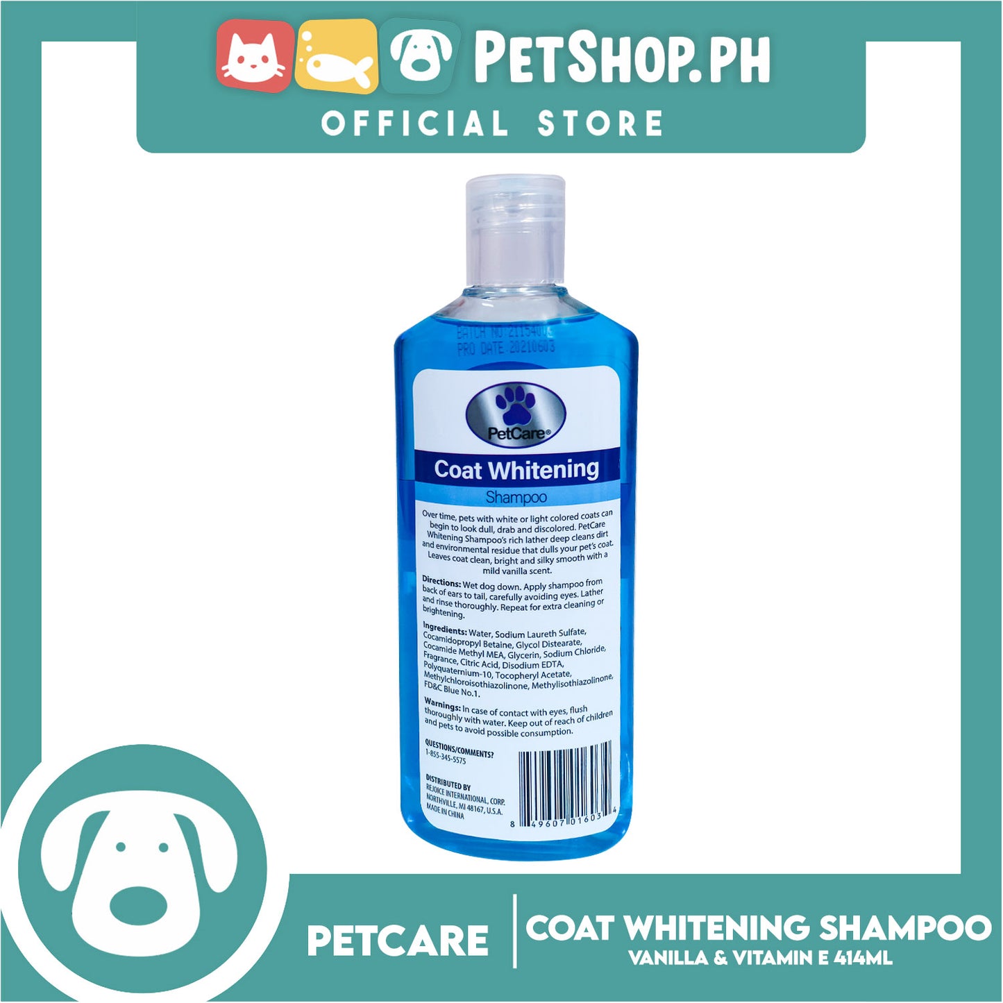 Pet Care Coat Whitening Shampoo 414ml (Vanilla And Vitamin E) Helps Brighten And Shine, White And Light Color Coats, Dog Shampoo